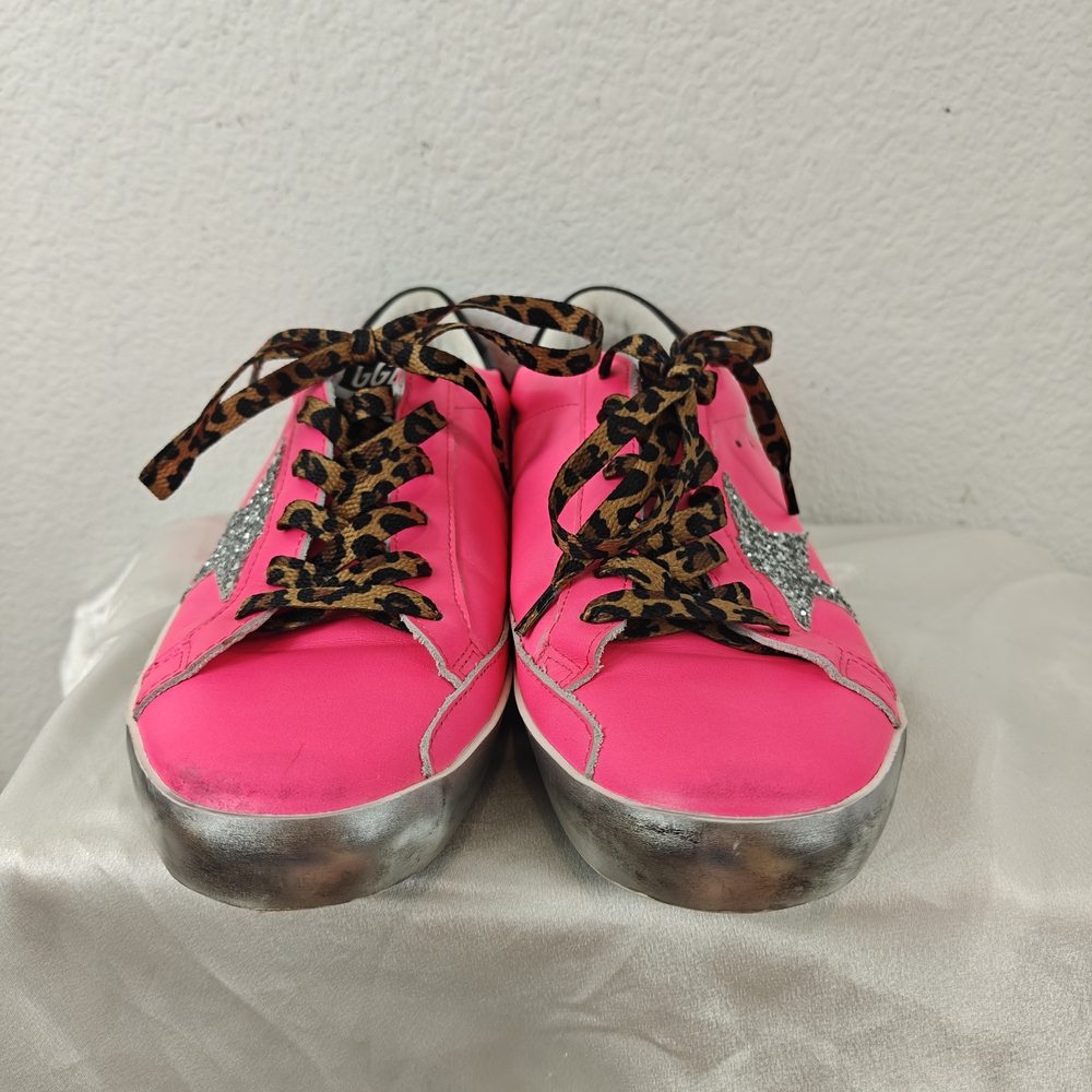 Golden Goose Super-Star Neon Pink Glitter Star Sneakers Sz 40 (9-9.5) Leopard - Picture 6 of 16